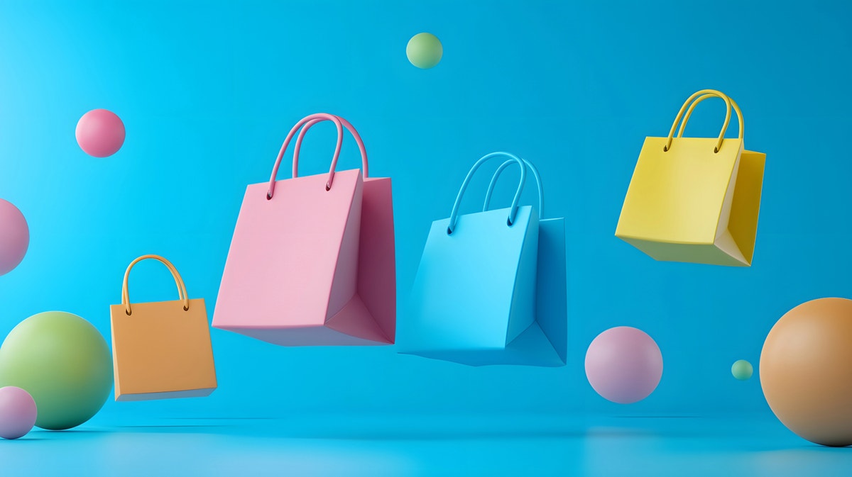 Colorful shopping bags floating among pastel spheres on a bright blue background.