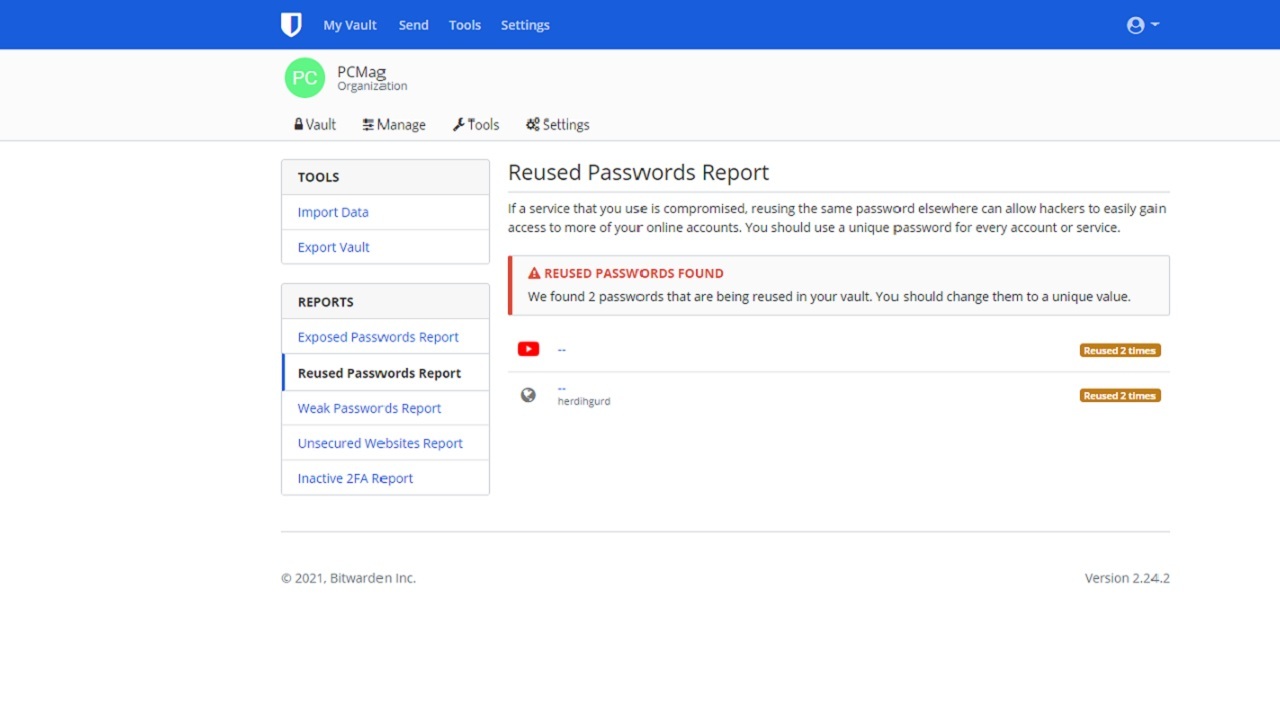 Bitwarden password manager reused credential warning