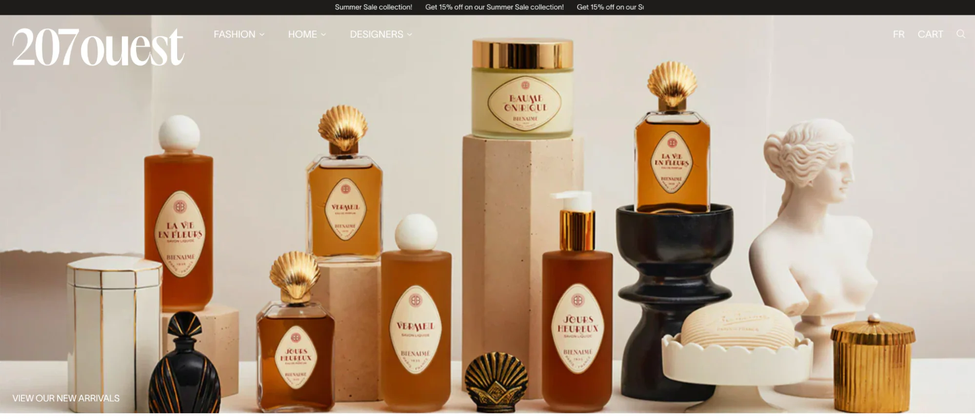 207 Ouest’s website with a high-quality image of its perfumes among classic statues.