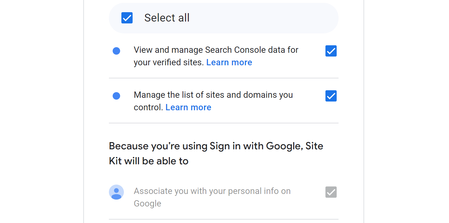 Confirm Site Kit permissions.