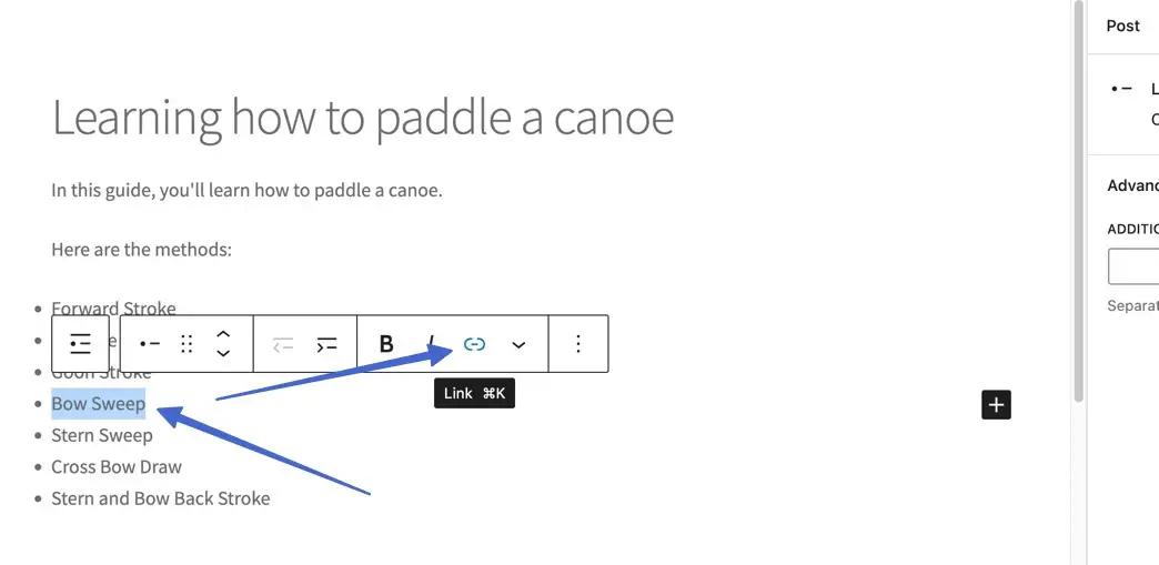 highlighting text and choosing to link it 