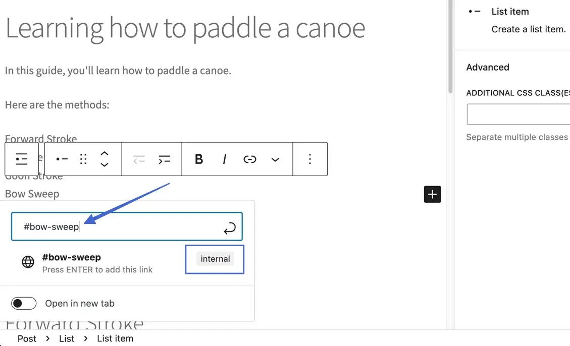 pasting the HTML anchor links in WordPress 