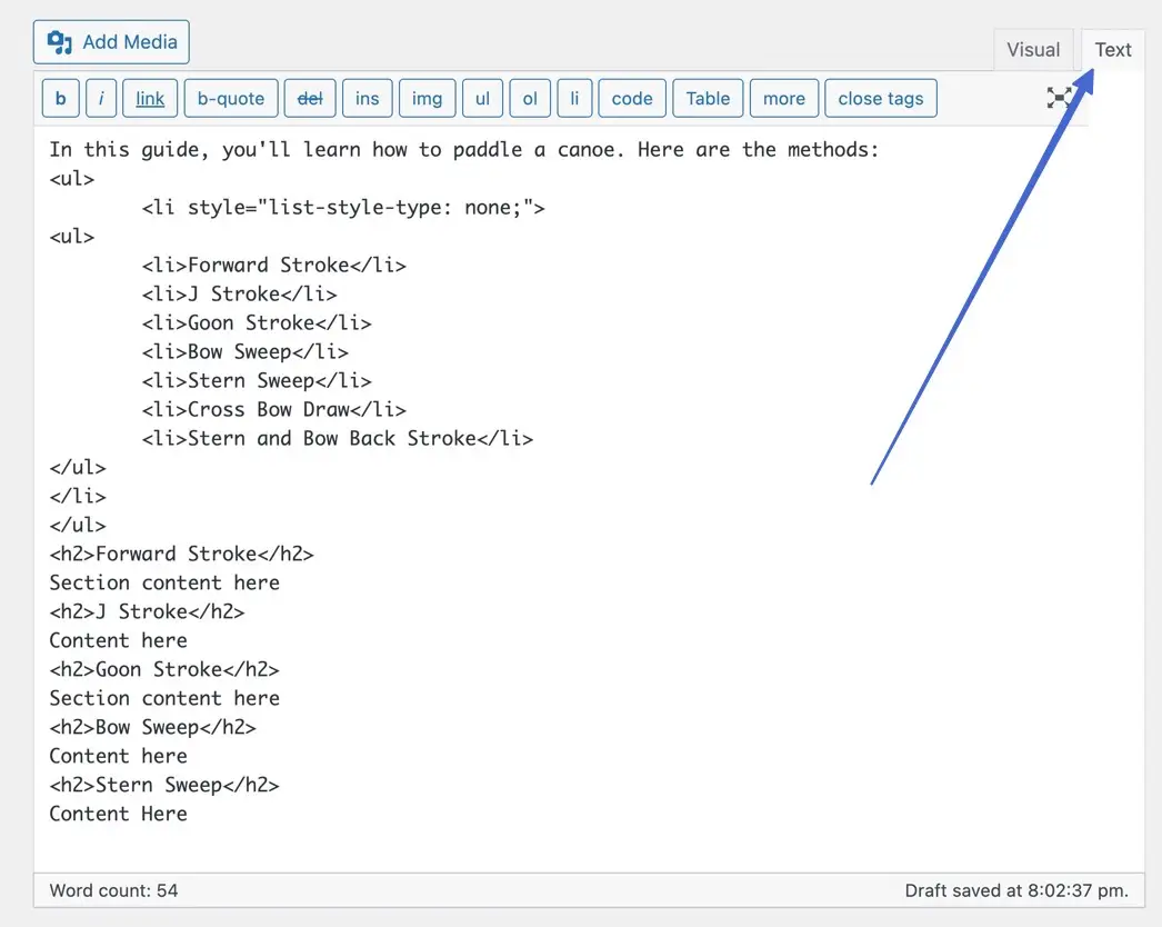 clicking on the Text tab in WordPress 