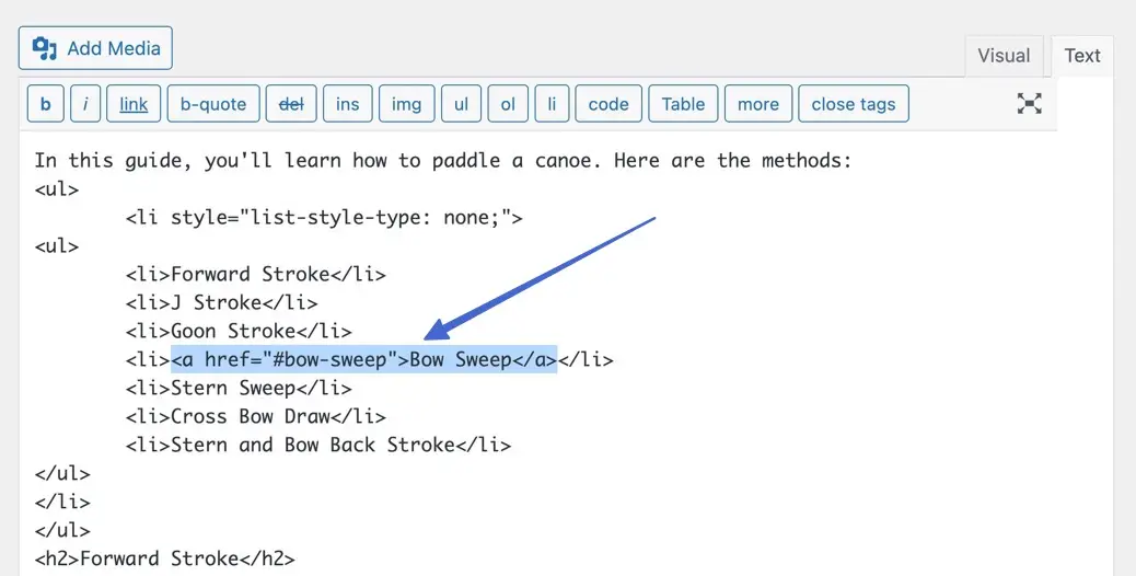 the anchor link in WordPress HTML editor
