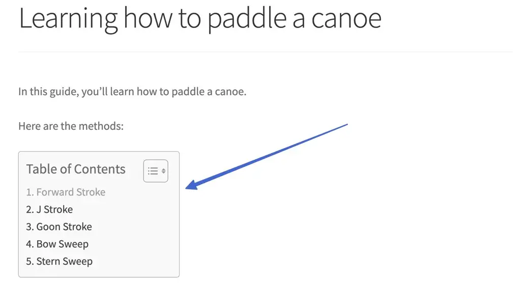 showing the table of contents on the frontend