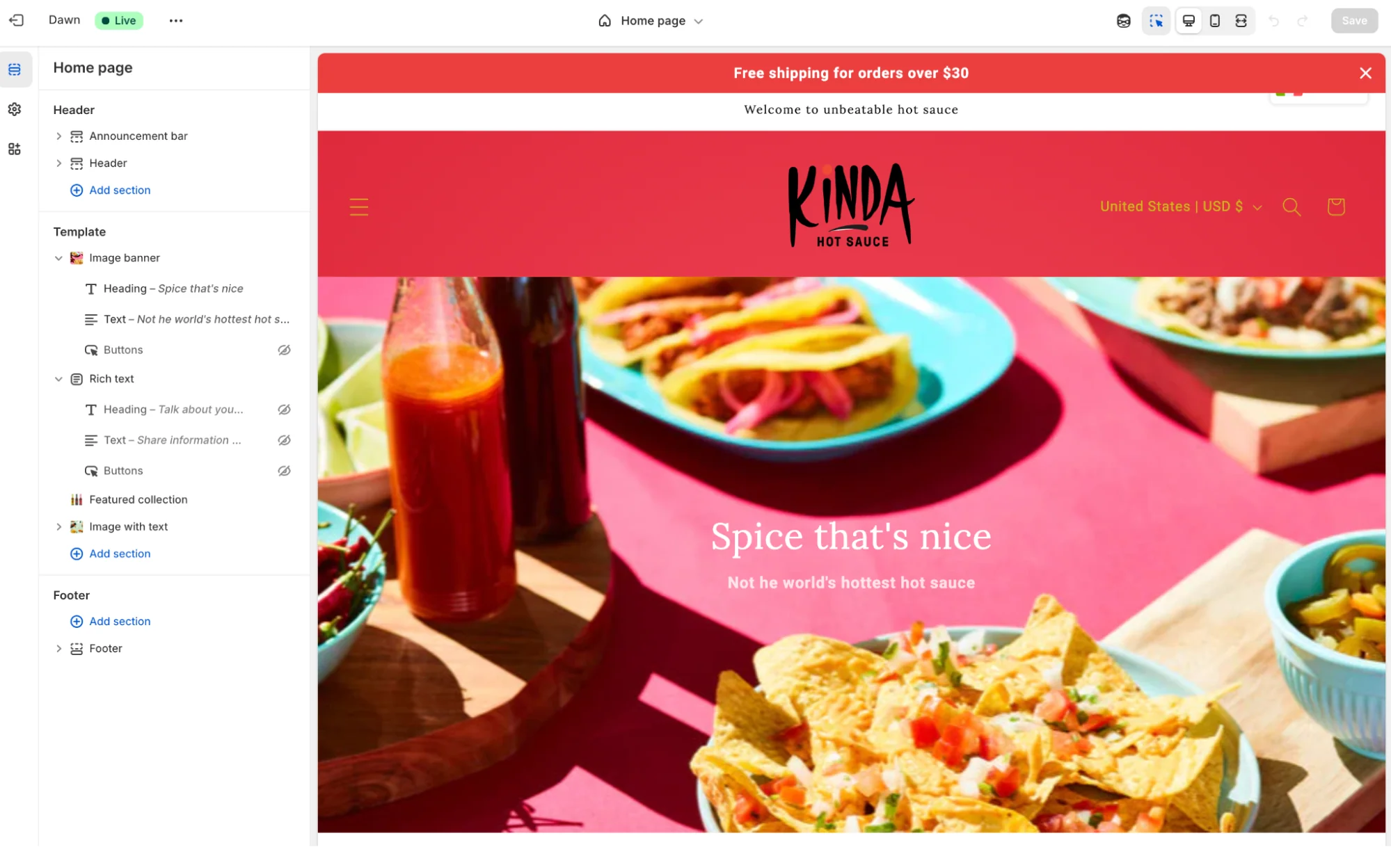 Shopify website editor showing a hot sauce store with customizable sections.