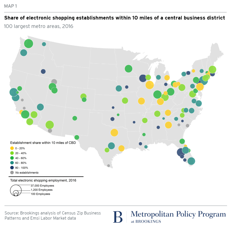 Share of electronic shopping establishments within 10 miles of a CBD, 100 largest metro areas, 2016