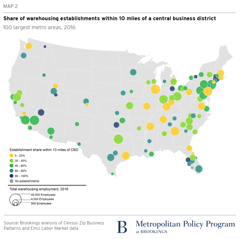 Share of warehousing establishments within 10 miles of a CBD, 100 largest metro areas, 2016