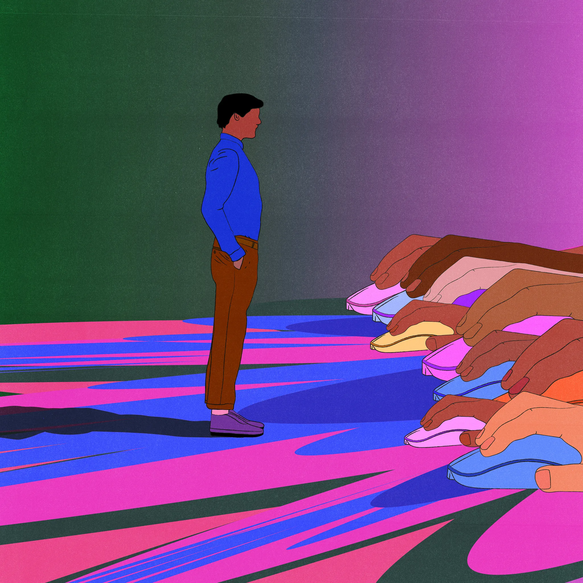 A man in business casual attire, hands in pockets, standing before multiple hands and computer mice in a colorful illustration.