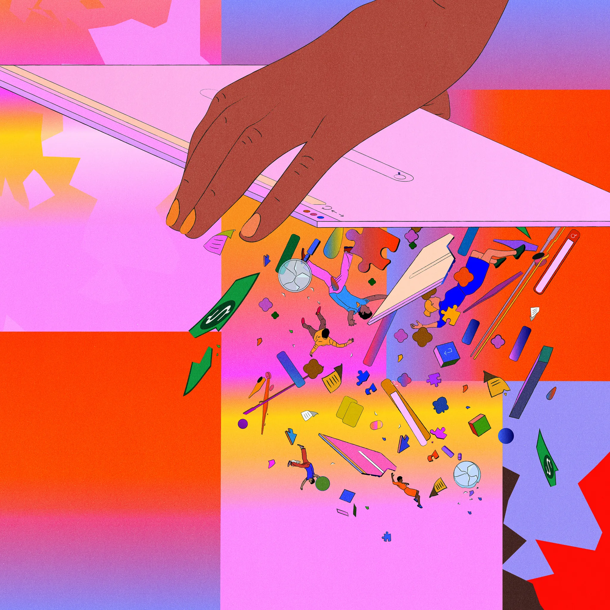 An illustration of a tilted browser window spilling out numerous items including money, keycaps, people, and various search browser icons.