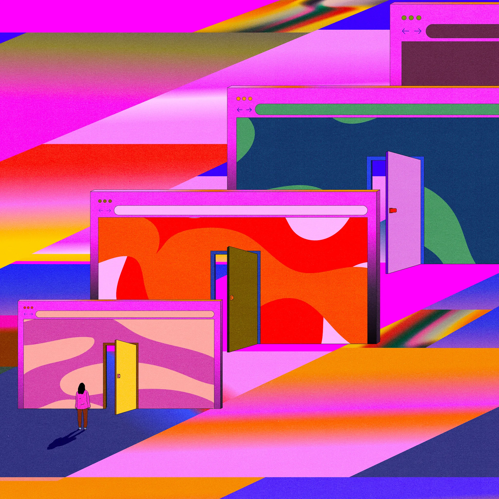 A vibrant illustration of a person standing before an internet browser window with an open door in its center. In the background, a series of progressively larger internet browser windows extends beyond the frame.