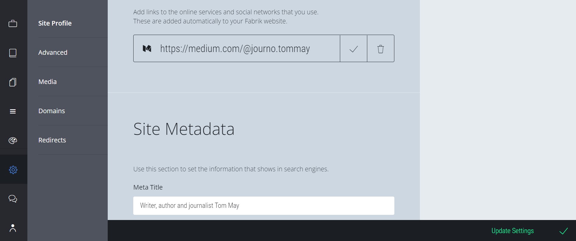 Fabrik interface showing form to add Medium icon to your site