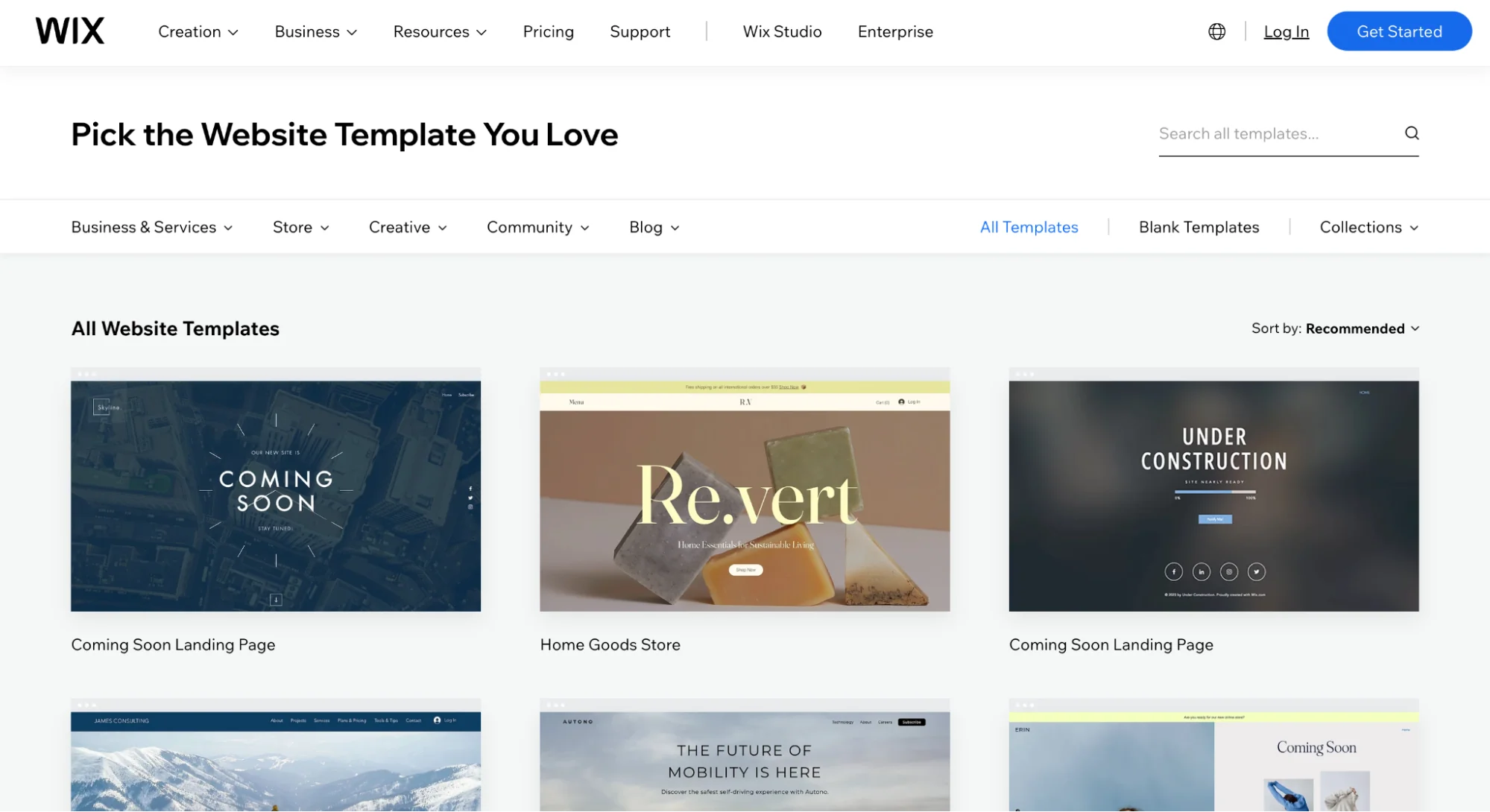 Wix website template selection page with preview thumbnails.