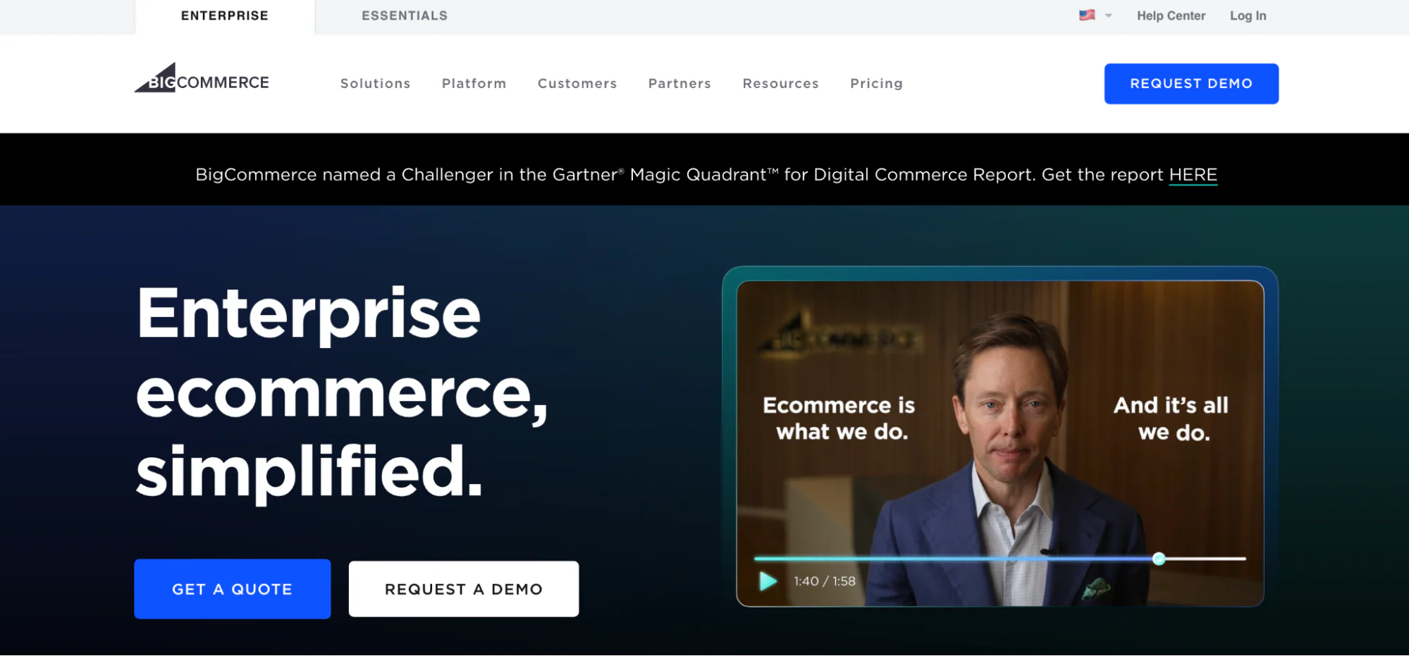 BigCommerce homepage highlighting enterprise ecommerce solutions and a video.