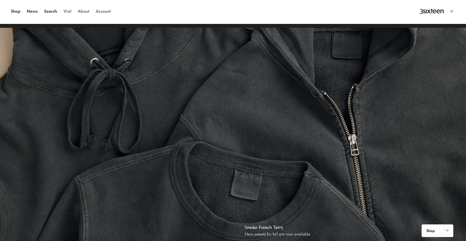A closeup shot of black sweatshirts on 3sixteen’s homepage.