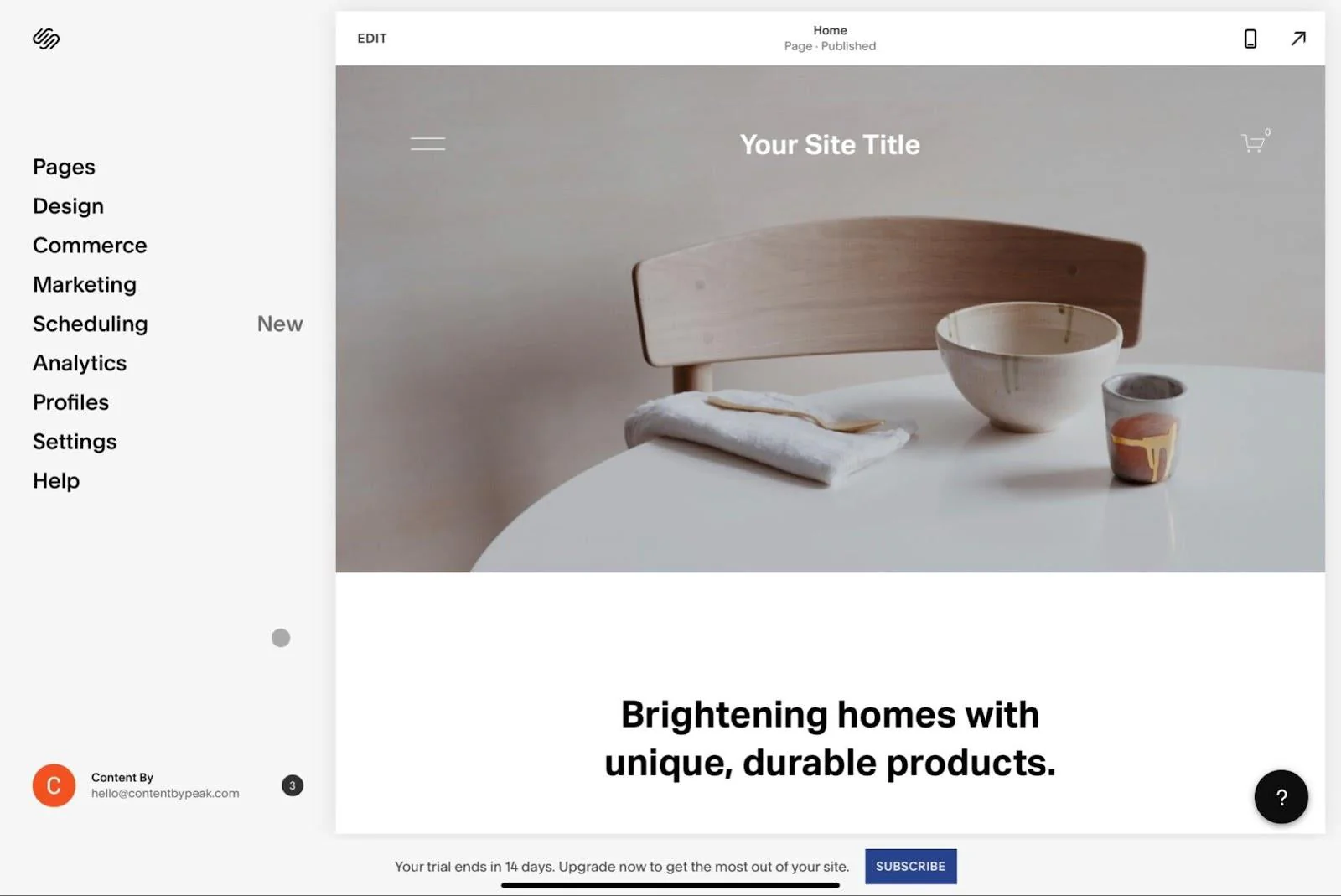 Squarespace website editor showing a minimalist home decor site with a trial upgrade prompt.
