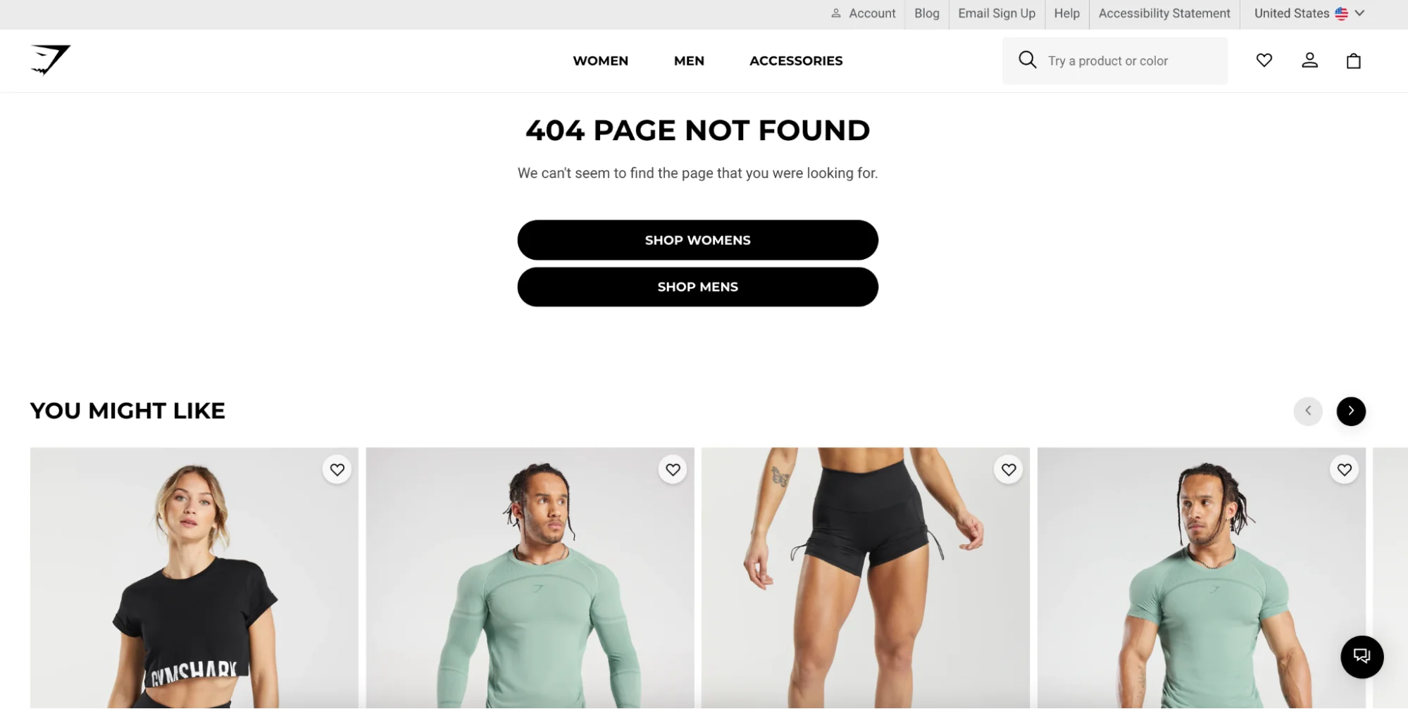 404 error page with a “page not found” message containing two black buttons to shop men’s and women’s gym clothing.