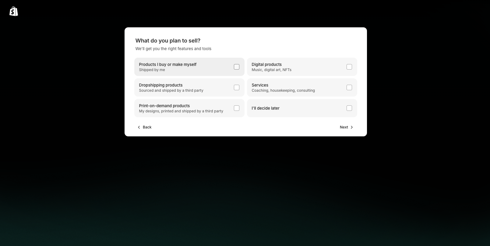 A screenshot of Shopify website builder, there is a black background with a white box on top with multiple options to select from 