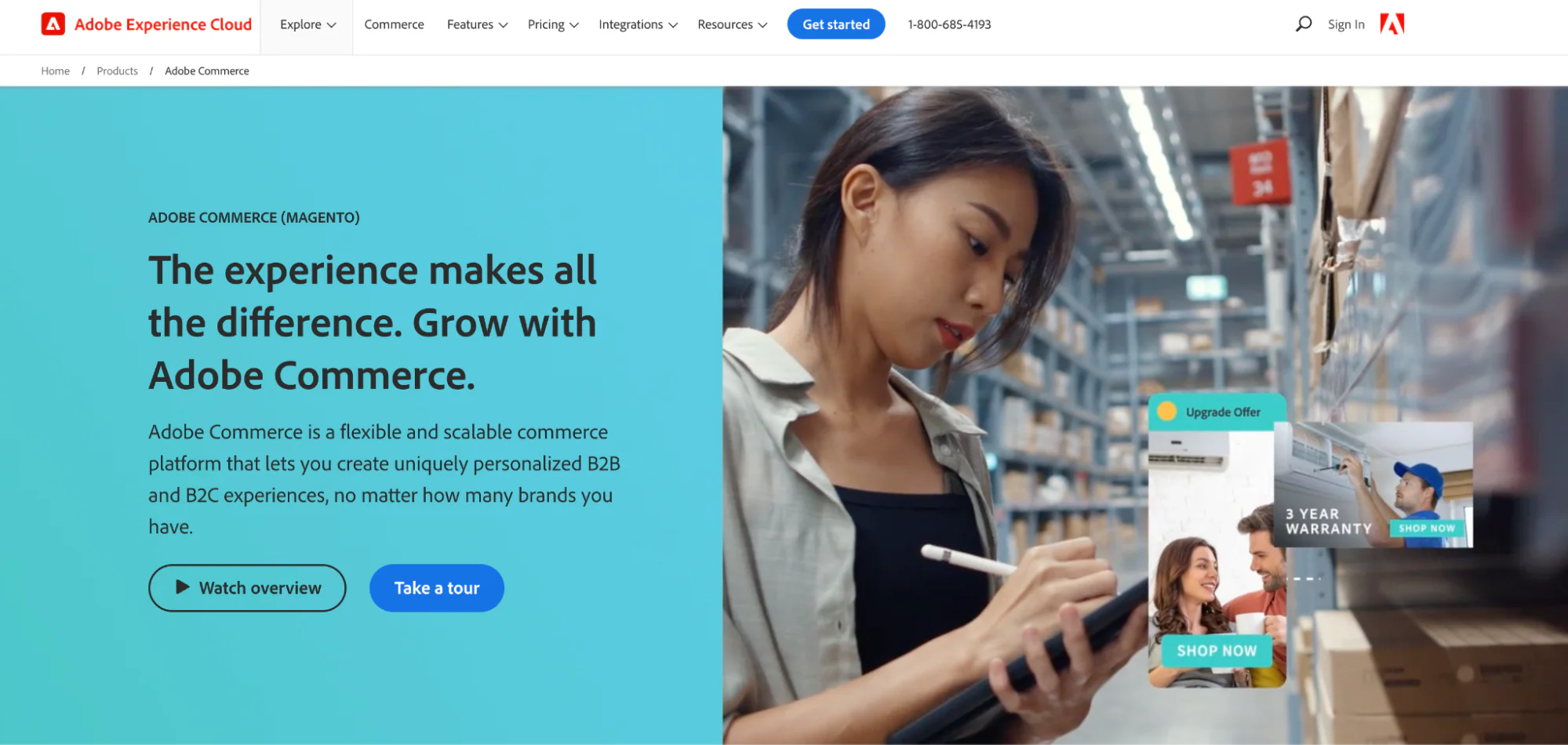 Adobe Commerce homepage with woman writing on tablet in warehouse.