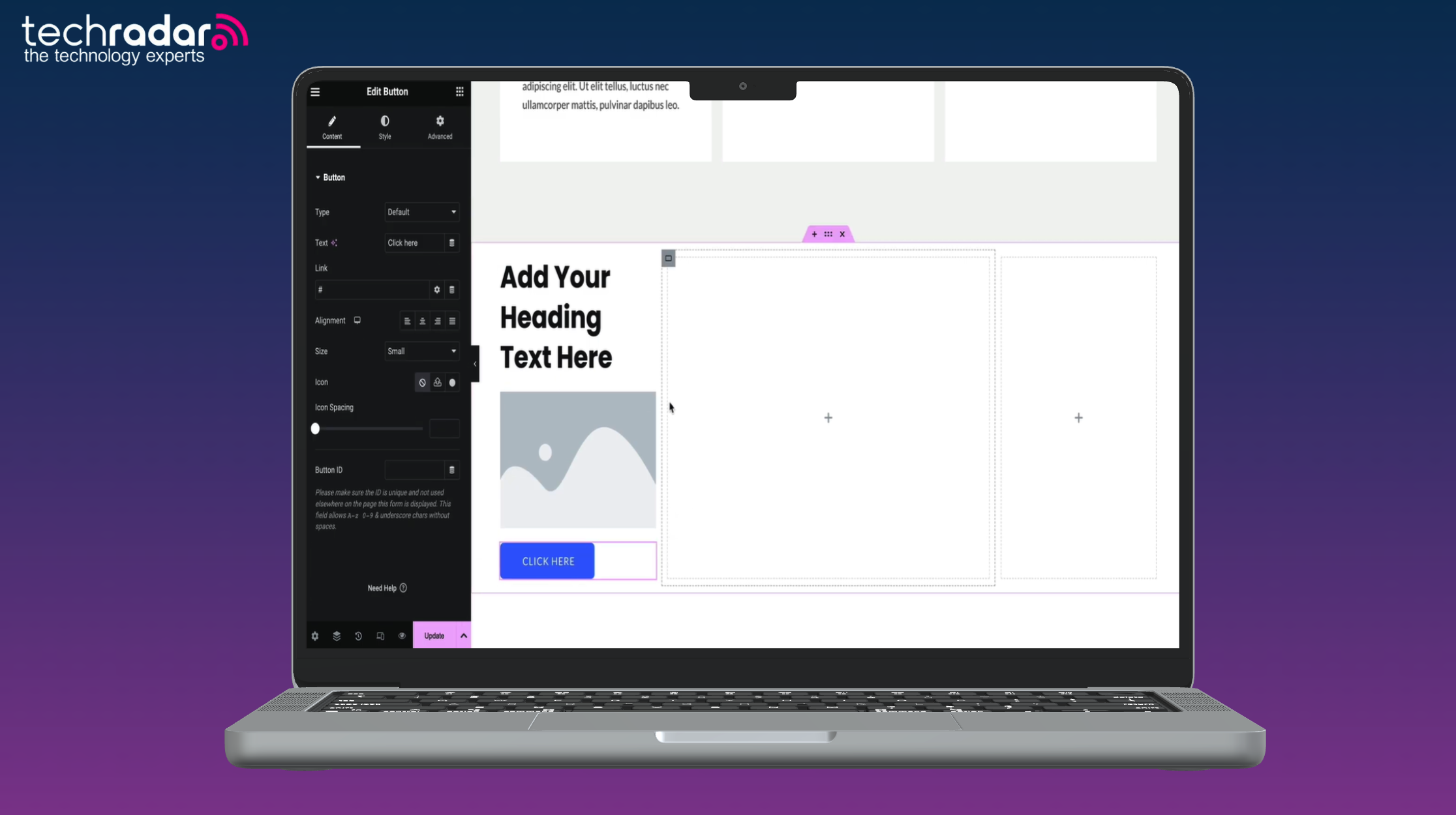 An image of a macbook on a purple background, the Elementor website builder is being used on mac