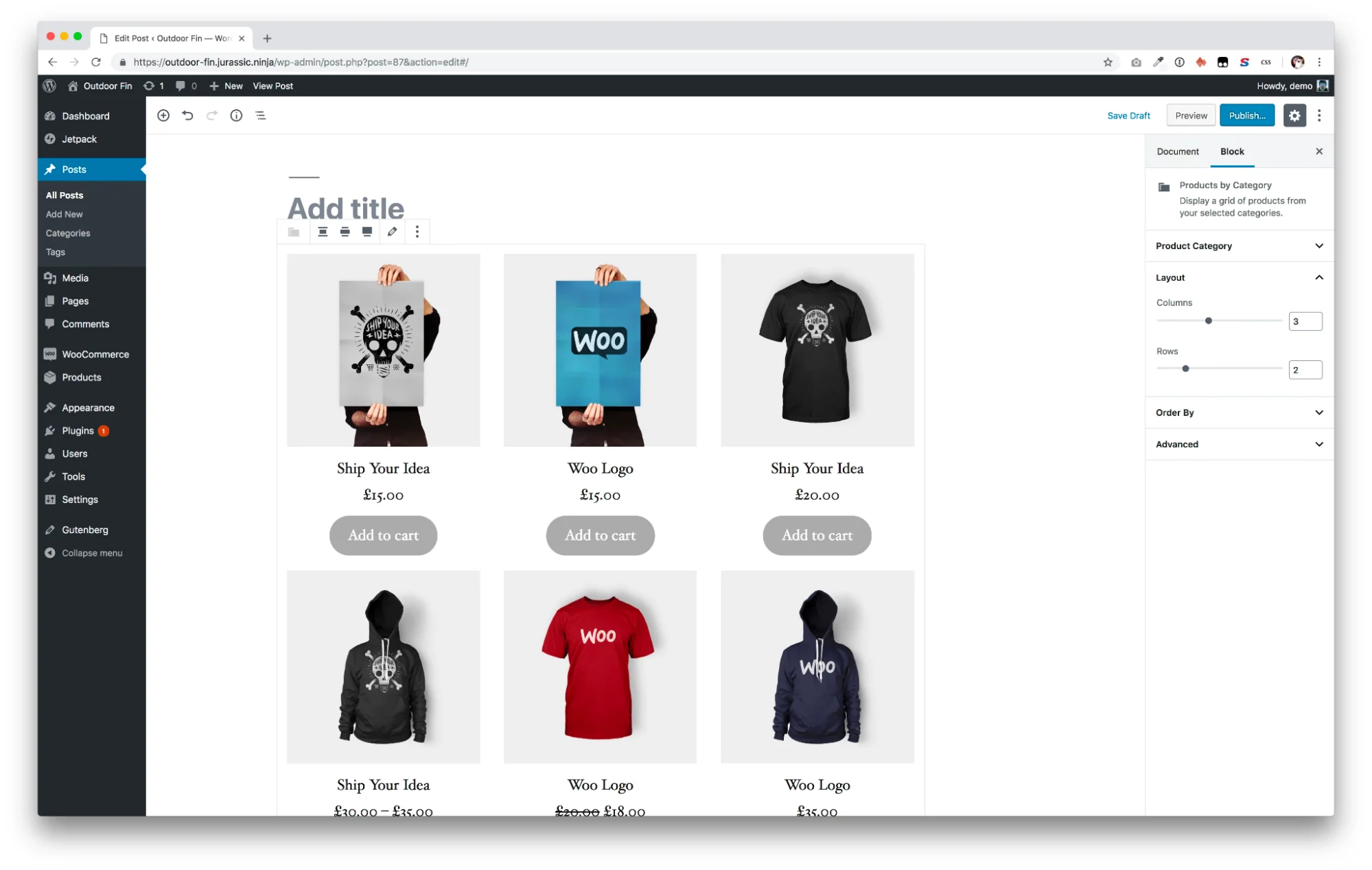 WooCommerce dashboard editing product grid with apparel items.