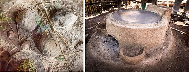 Figure 6 - comparison of the traditional cooking fire with three stones compared to an energy-efficient adobe stove with focuses the heat on the cooking surface with minimal losses