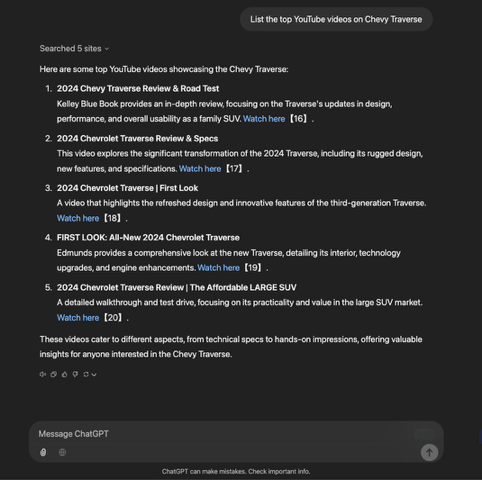 ChatGPT Search result for Top videos of a Chevrolet Traverse