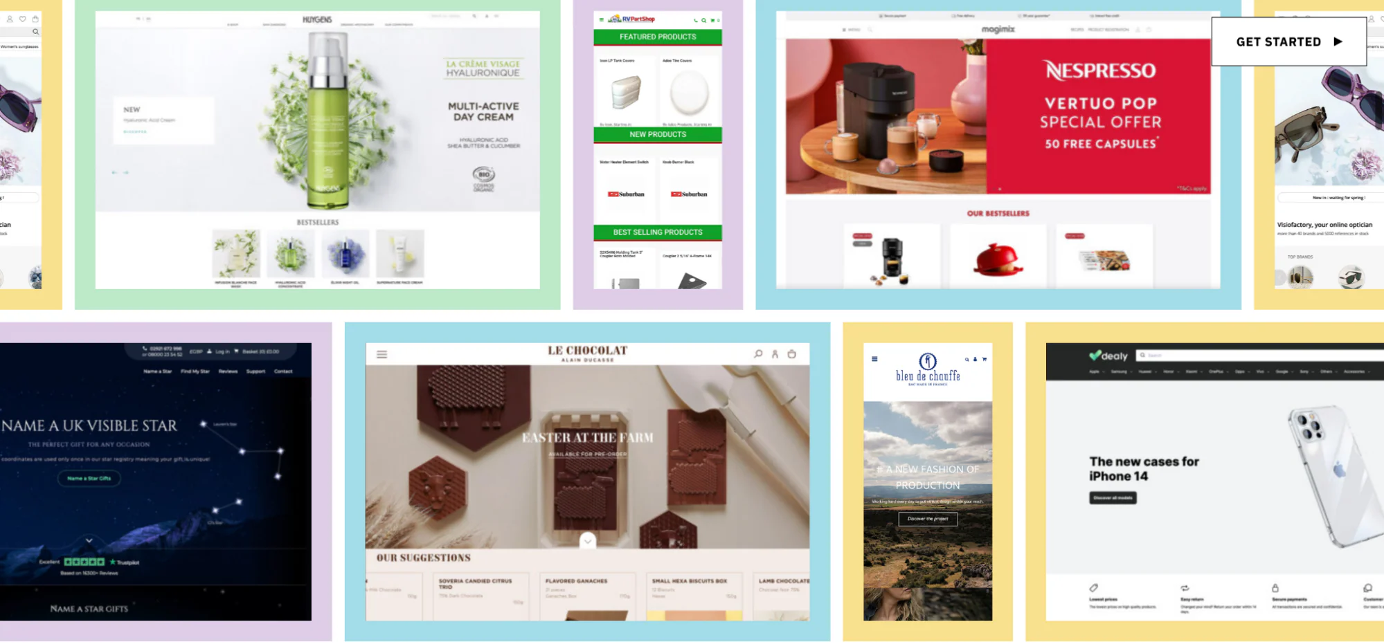 PrestaShop template gallery with various online store previews.