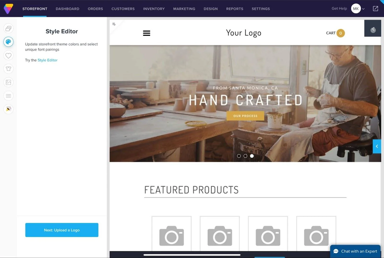 Storefront editor displaying a handmade goods site with a rustic theme and a featured products section.