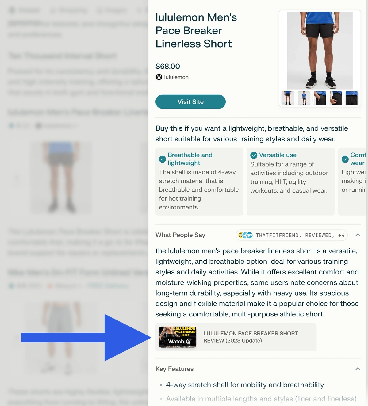 Expanded product details in the side area