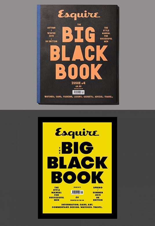 UK Esquire's biannual brand extension "The Big Black Book' employs a simple but very striking typographic cover strategy using variations of black and a single colour, often in bright Pantones