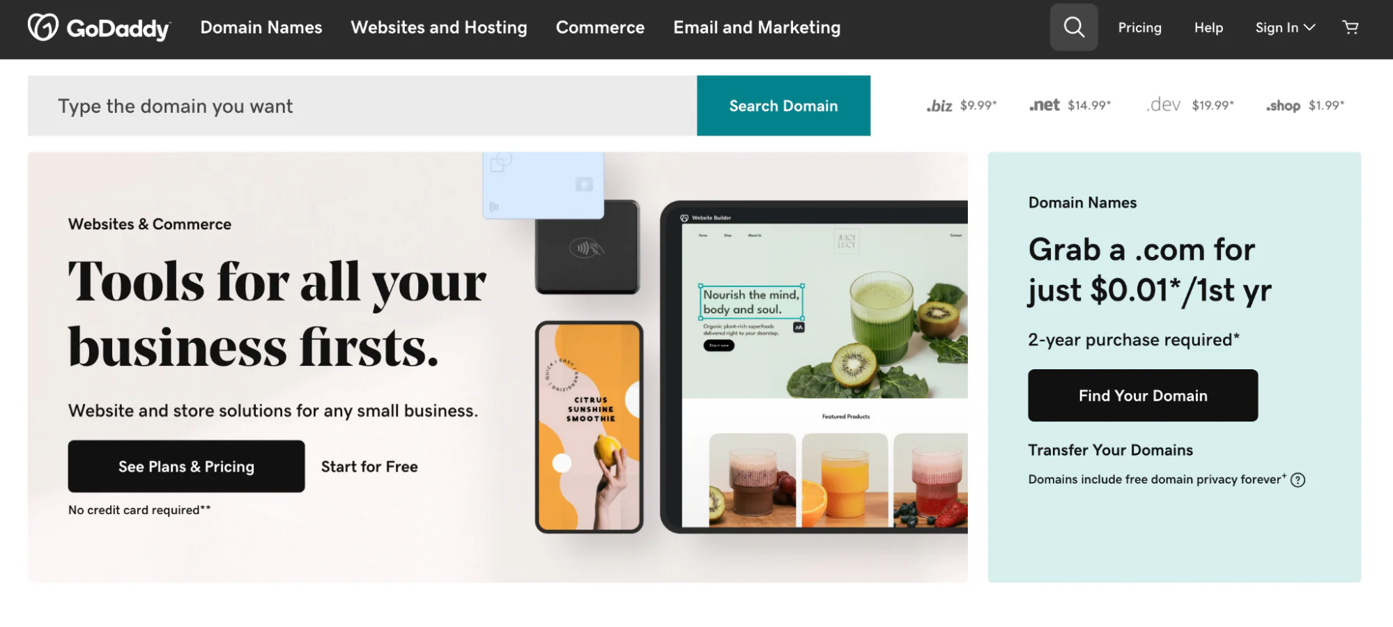 GoDaddy website builder homepage showing domain search tools.