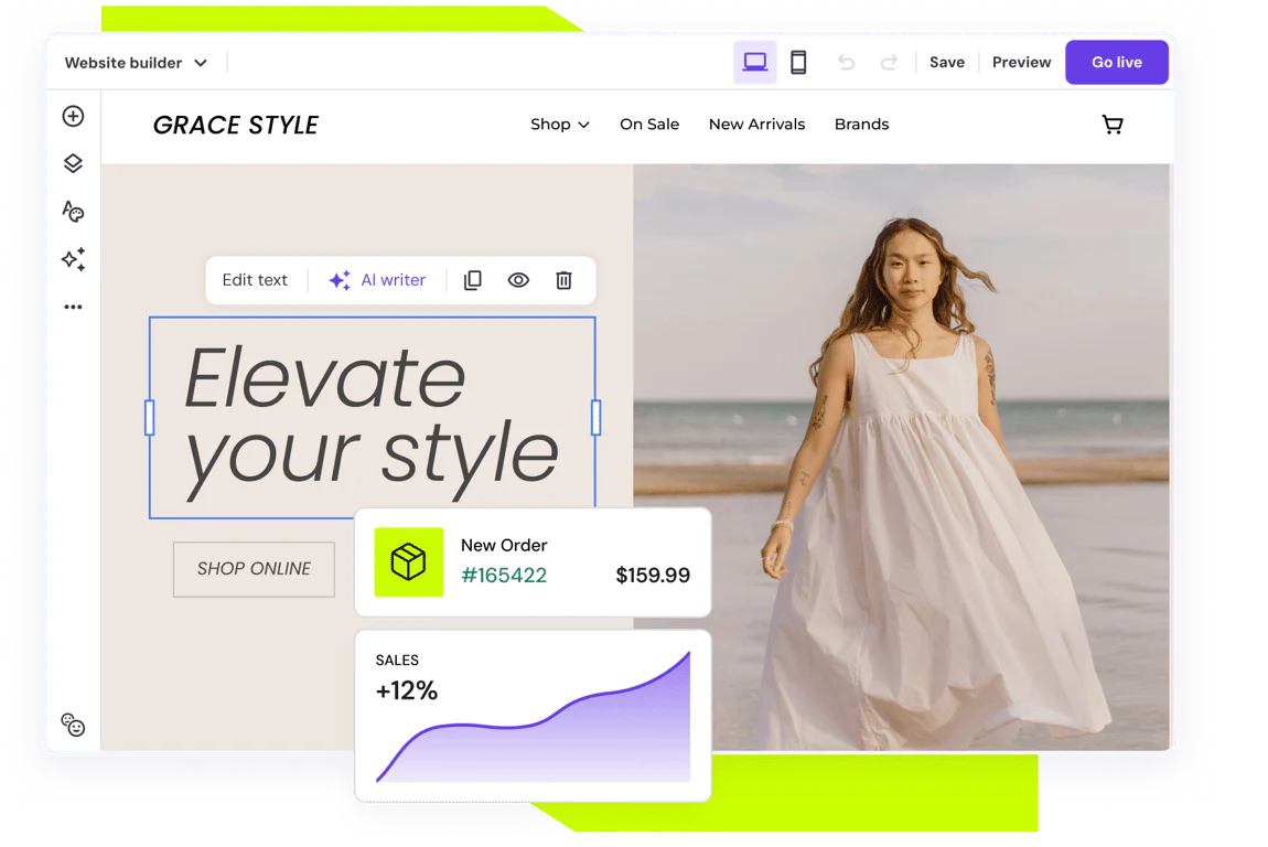 Website builder showing the editing page of a fashion store, complete with AI tools, order updates, and sales analytics.