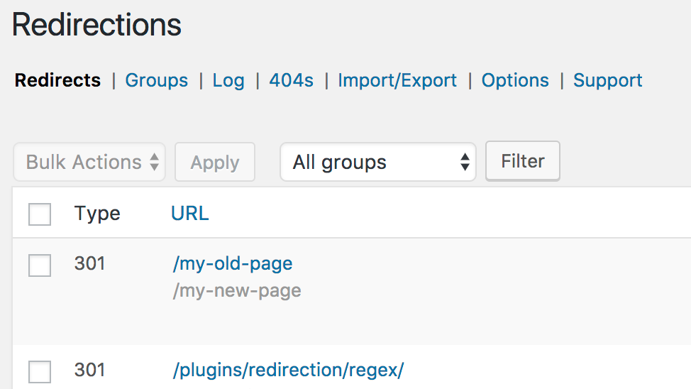 Screenshot of the Redirection plugin for WordPress
