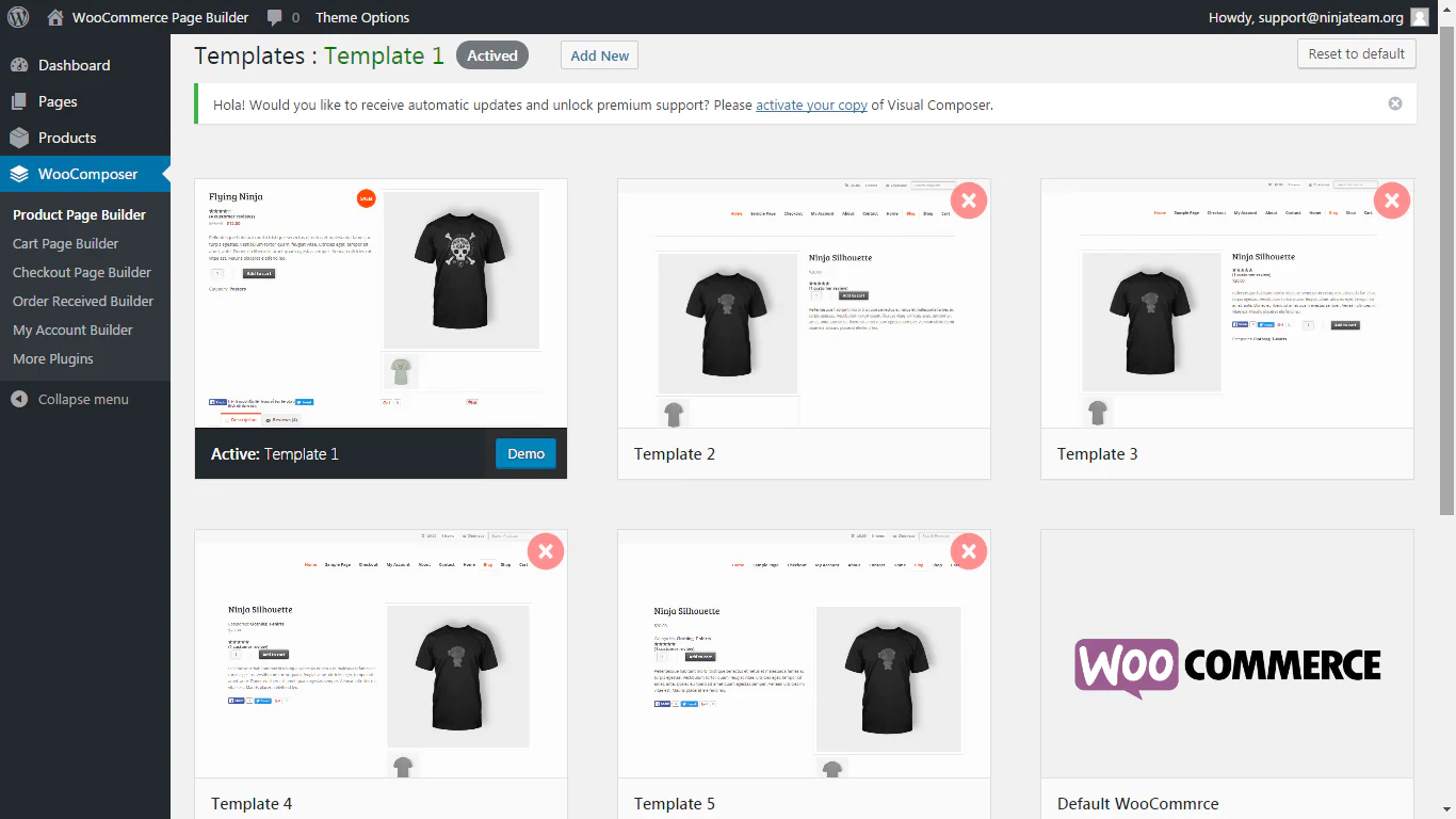 WooCommerce Page Builder showing multiple product page templates.
