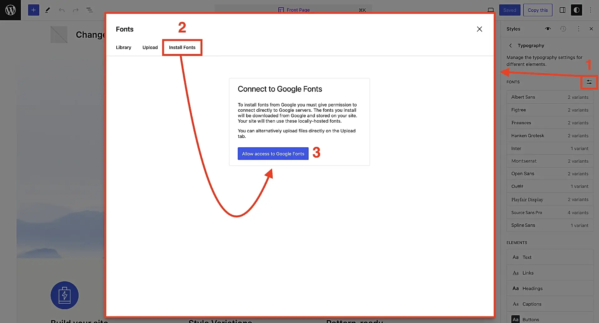 Showing the steps for integrating the FSE Font Library with Google Fonts.
