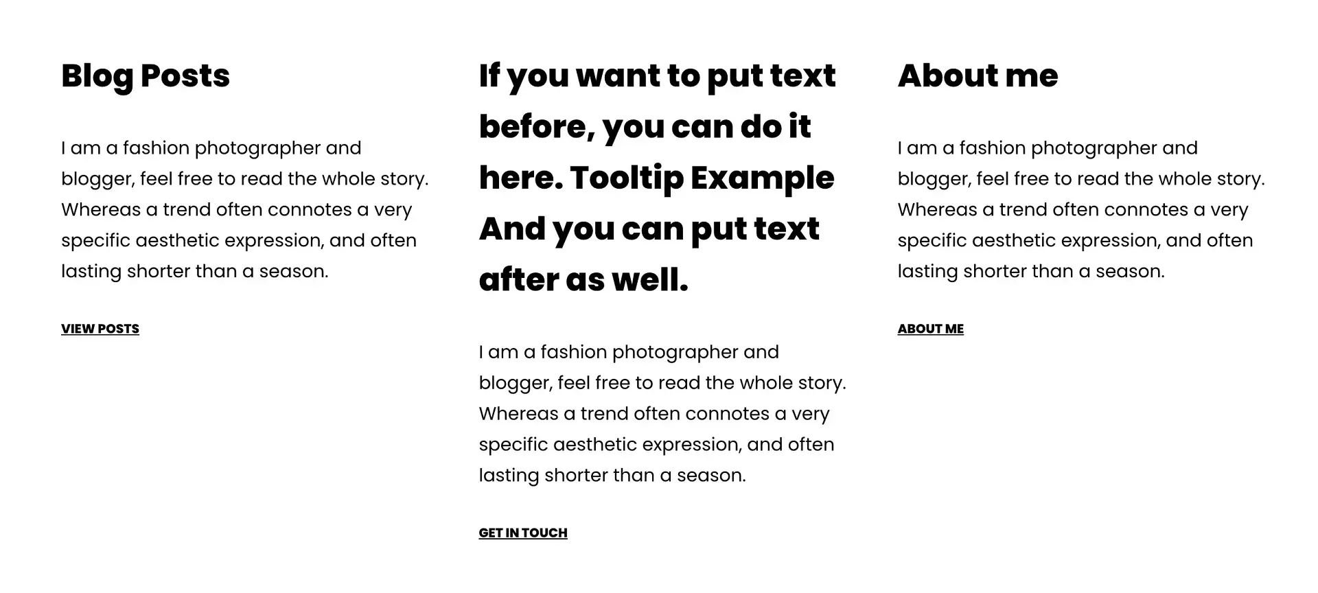 What it looks like on the front end after adding text before the tooltip text and after the tooltip text.