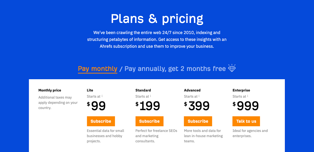 Ahrefs plans and pricing