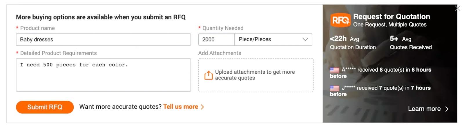 An Alibaba Rrequest for Qquotation (RFQ) page.