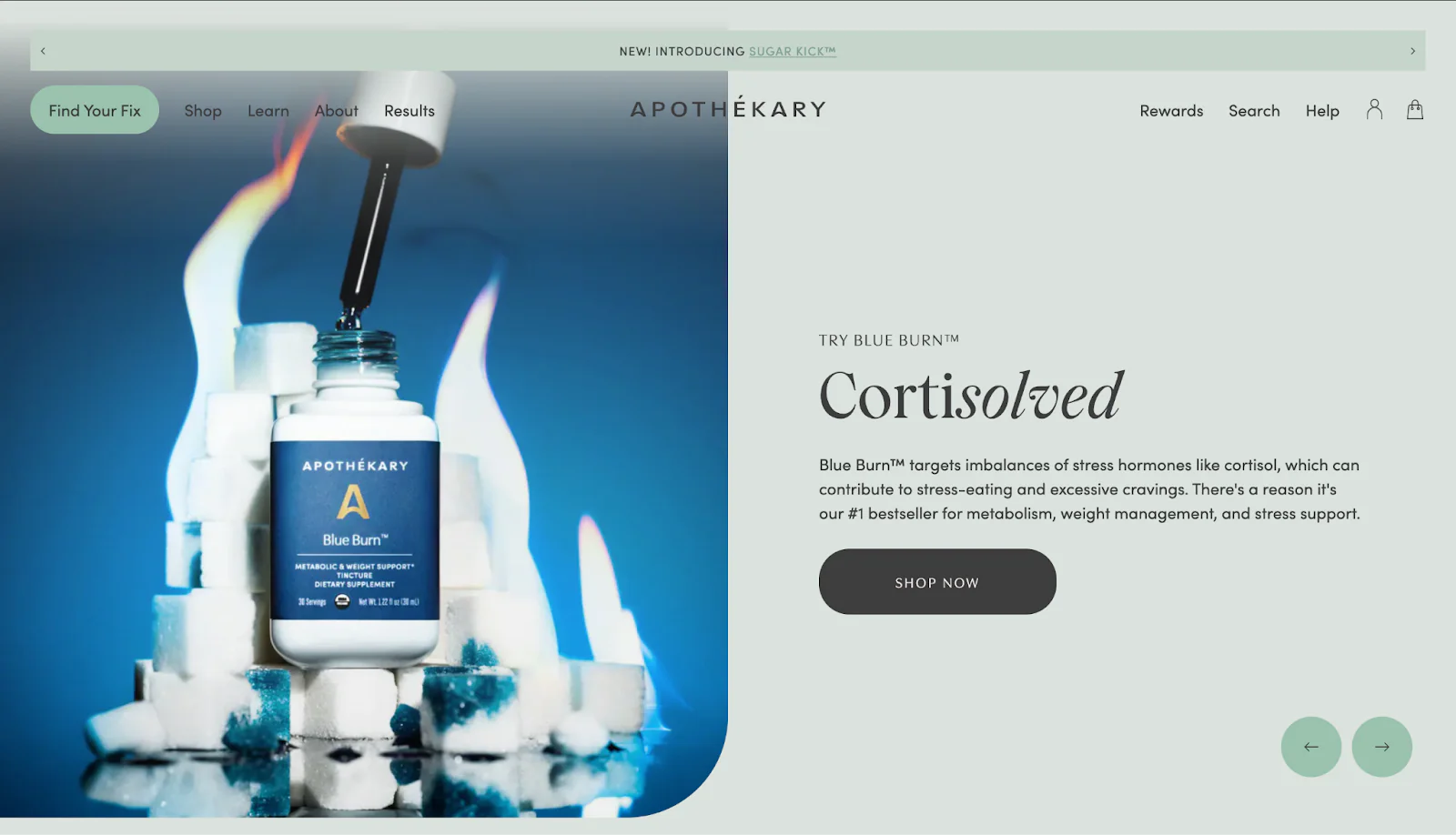 Apothékary’s sleek website features its Blue Burn supplement against blue flames with sugar cubes.