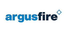Argus Fire logo - blue lowercase lettering of 'argus' and black lowercase lettering of 'fire', with a small blue target symbol top-right