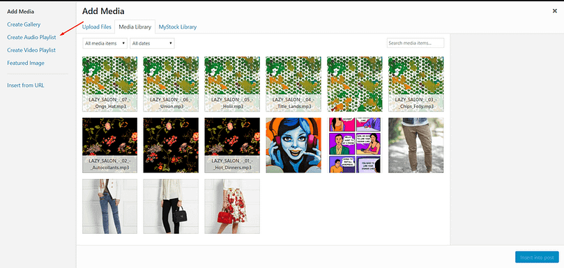 Add an audio playlist in WordPress via the Create Audio Playlist option