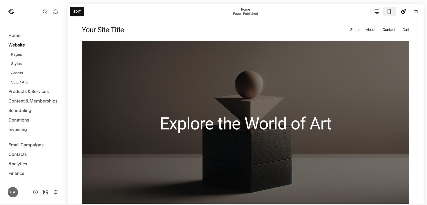 A screenshot of  an example website built on squarespace, it has a large image and a white surround with a list of website building tool options to the left 