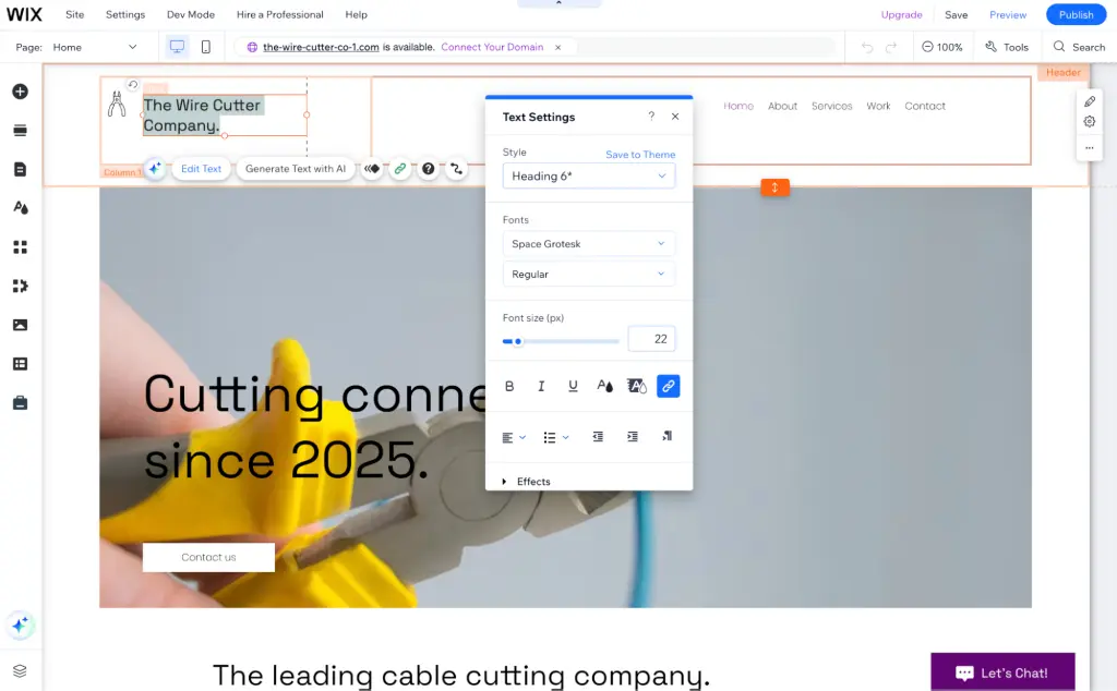 Screenshot of a website editing page on Wix, our top pick for the best website builders.