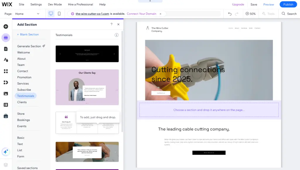 Screenshot of a Wix page with theme section options.