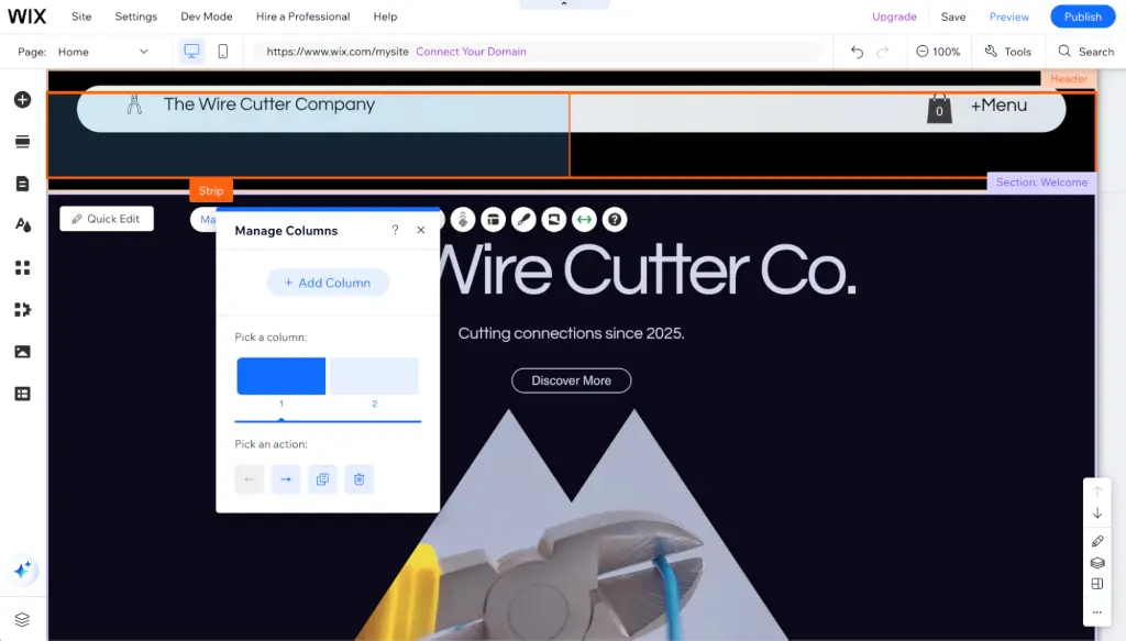 Screenshot of an editing page on Wix, showing a side tool bar, and options for a selected element on a website being built.