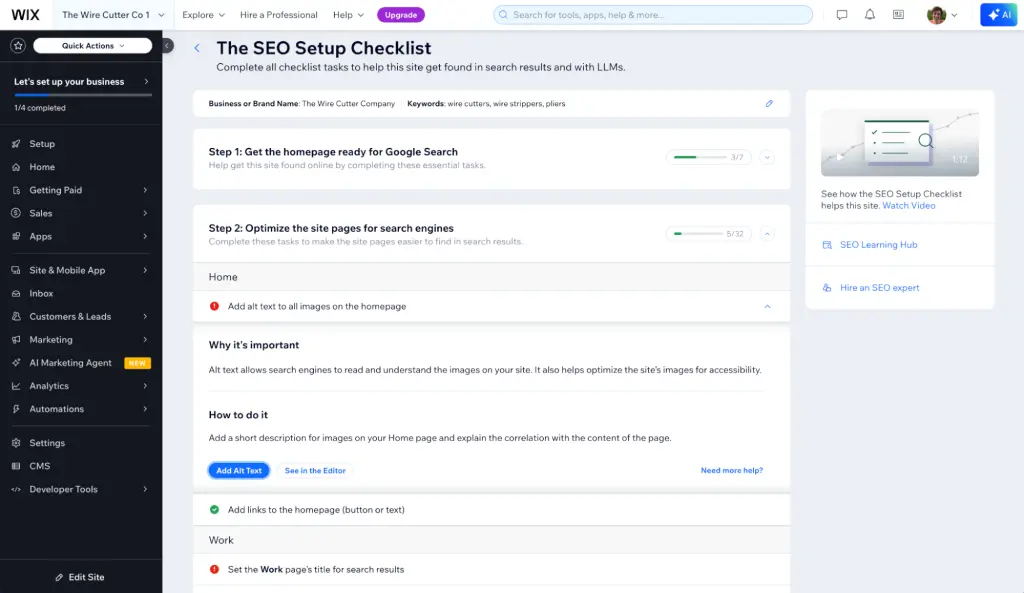 Screenshot of Wix's SEO setup checklist.