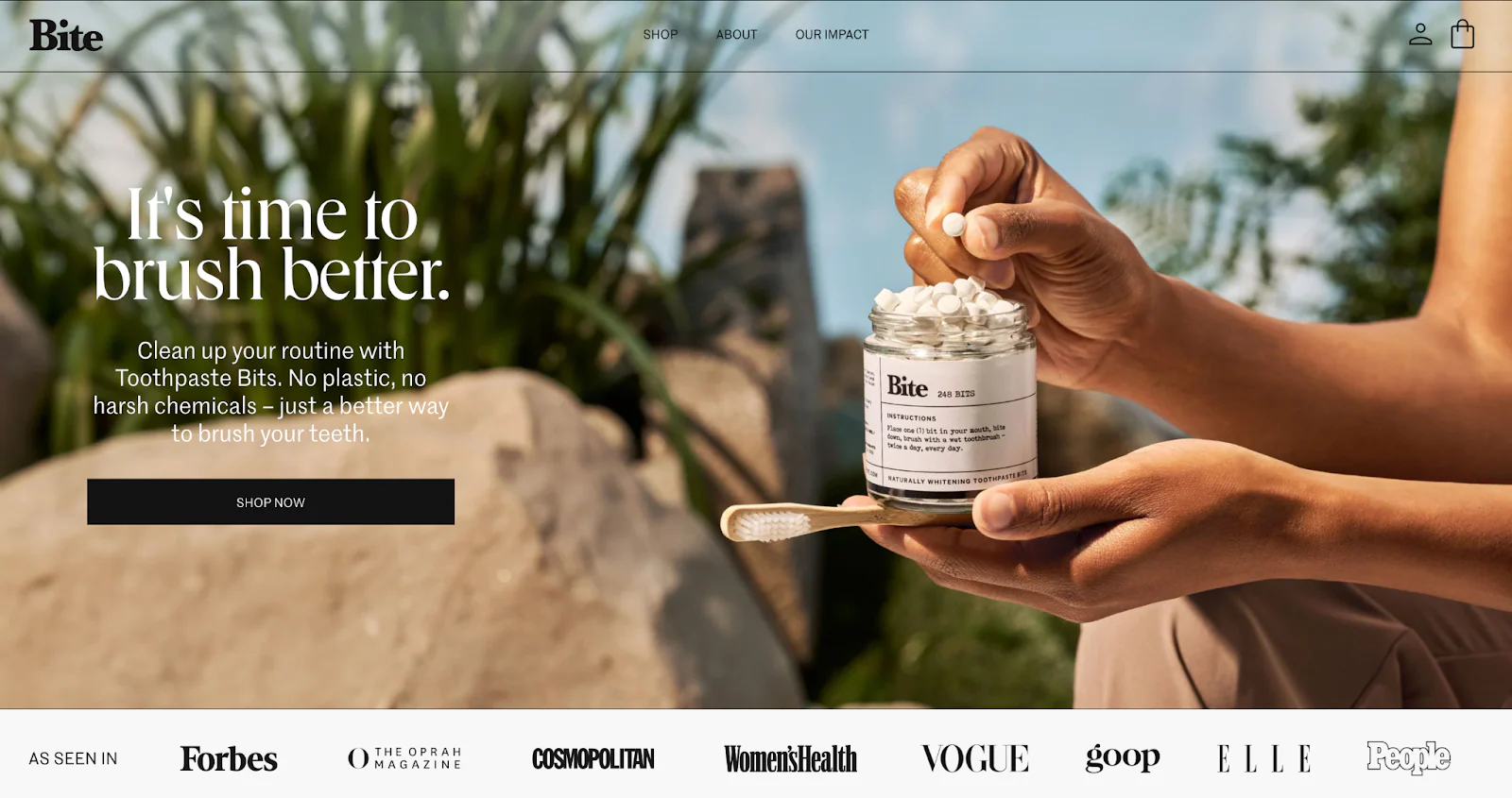 Bite’s website features hands holding plastic-free toothpaste tablets against a natural backdrop.