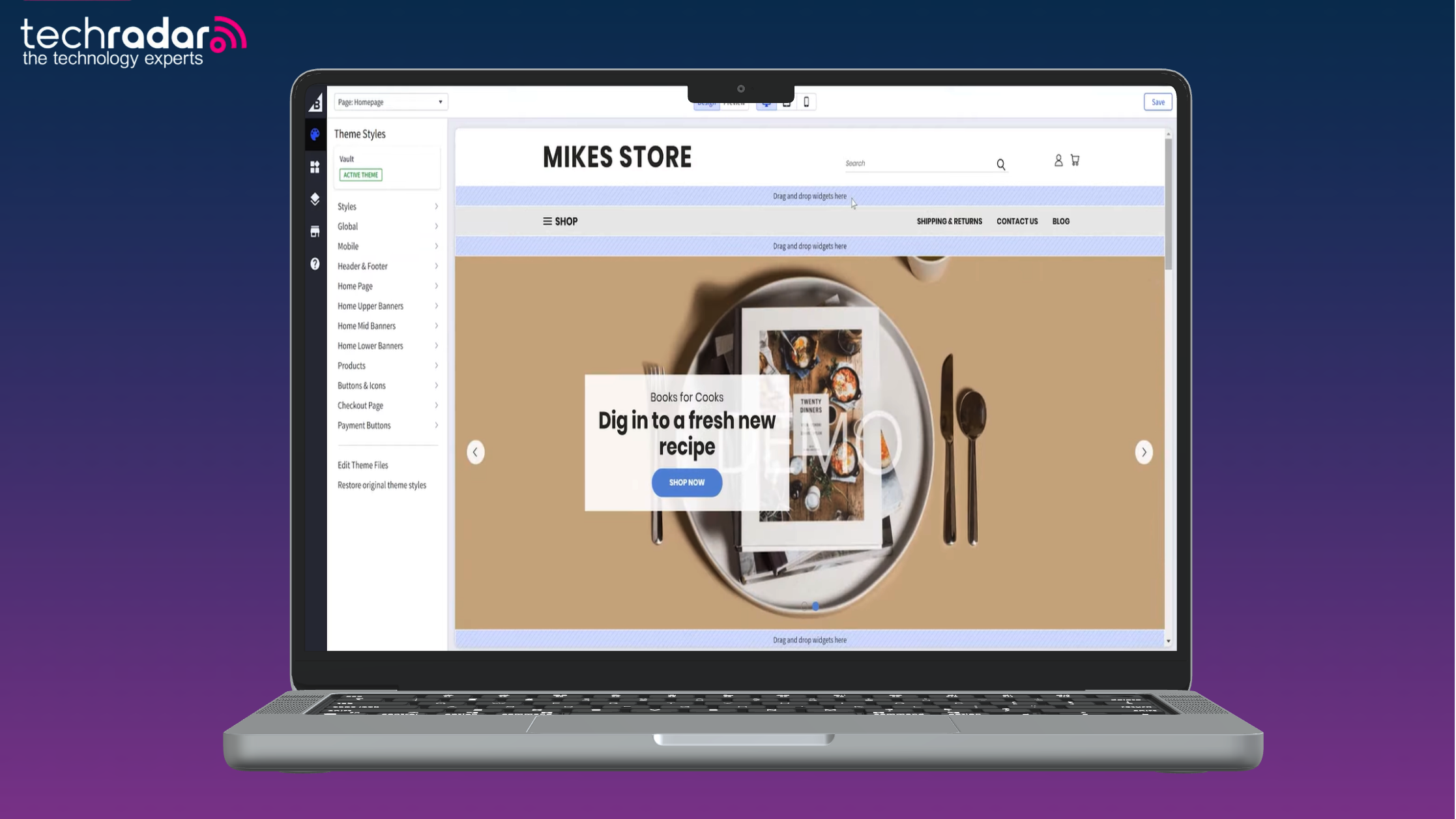An image of a macbook on a purple background, the BigCommerce website builder is being used on mac