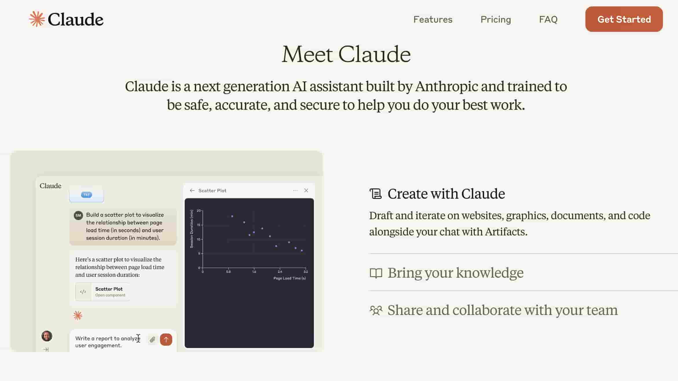 Claude homepage showing a menu, product description and product preview.
